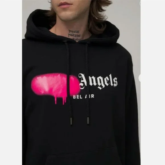 Palm Angels Unisex Pink Bel-Air Sprayed Logo Hoodie in Black sz M